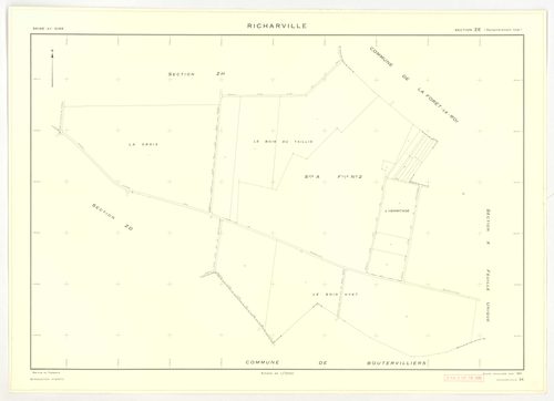 Plans minutes de conservation : RICHARVILLE : tableau d'assemblage, ech. 1/5000 (1932-1962) ; section A4, ech. 1/1250 (1932) ; sections A3, B1, ech. 1/25000 (1932-1952) ; sections A1, A2, B, ech. 1/2500 (1932-1961) ; sections X, Y, Z, ech. 1/2500 (1961) ;