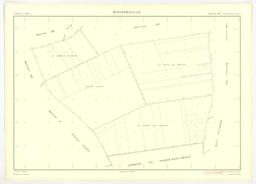 Plans minutes de conservation : RICHARVILLE : tableau d'assemblage, ech. 1/5000 (1932-1962) ; section A4, ech. 1/1250 (1932) ; sections A3, B1, ech. 1/25000 (1932-1952) ; sections A1, A2, B, ech. 1/2500 (1932-1961) ; sections X, Y, Z, ech. 1/2500 (1961) ;
