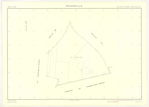 Plans minutes de conservation : RICHARVILLE : tableau d'assemblage, ech. 1/5000 (1932-1962) ; section A4, ech. 1/1250 (1932) ; sections A3, B1, ech. 1/25000 (1932-1952) ; sections A1, A2, B, ech. 1/2500 (1932-1961) ; sections X, Y, Z, ech. 1/2500 (1961) ;
