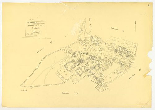 Plans minutes de conservation : RICHARVILLE : tableau d'assemblage, ech. 1/5000 (1932-1962) ; section A4, ech. 1/1250 (1932) ; sections A3, B1, ech. 1/25000 (1932-1952) ; sections A1, A2, B, ech. 1/2500 (1932-1961) ; sections X, Y, Z, ech. 1/2500 (1961) ;