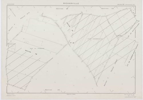 RICHARVILLE, plans minutes de conservation : tableau d'assemblage, 1932, Ech. 1/5000 ; plans des section A1, 1932, Ech. 1/2500, section A4, 1932, Ech. 1/1250, section ZD, 1961, Ech. 1/2000, sections ZI, ZK, ZL, ZM, ZN, ZO, ZP, ZR, 1994, Ech. 1/2000. Polye