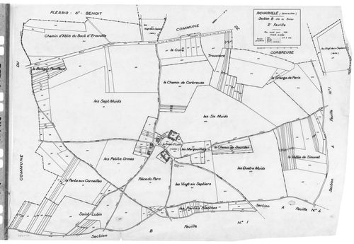 RICHARVILLE. - Cadastre révisé pour 1932 : plan du tableau d'assemblage, plans de la section A le Village 1ère feuille, idem 2ème feuille, idem 3ème feuille, section B le Bréau 1ère feuille, idem 2ème feuille ; cadastre renouvelé pour 1952 : plans de la s