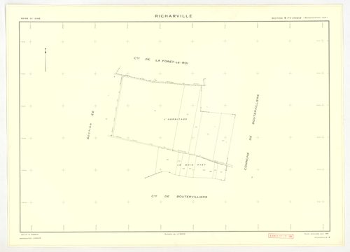 Plans minutes de conservation : RICHARVILLE : tableau d'assemblage, ech. 1/5000 (1932-1962) ; section A4, ech. 1/1250 (1932) ; sections A3, B1, ech. 1/25000 (1932-1952) ; sections A1, A2, B, ech. 1/2500 (1932-1961) ; sections X, Y, Z, ech. 1/2500 (1961) ;