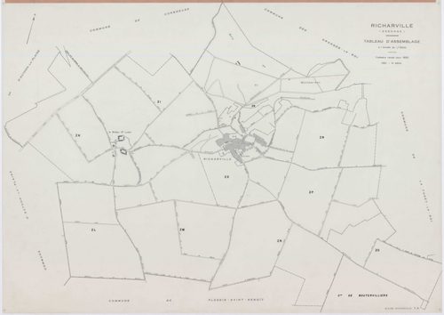 RICHARVILLE, plans minutes de conservation : tableau d'assemblage, 1932, Ech. 1/5000 ; plans des section A1, 1932, Ech. 1/2500, section A4, 1932, Ech. 1/1250, section ZD, 1961, Ech. 1/2000, sections ZI, ZK, ZL, ZM, ZN, ZO, ZP, ZR, 1994, Ech. 1/2000. Polye