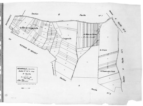 RICHARVILLE. - Cadastre révisé pour 1932 : plan du tableau d'assemblage, plans de la section A le Village 1ère feuille, idem 2ème feuille, idem 3ème feuille, section B le Bréau 1ère feuille, idem 2ème feuille ; cadastre renouvelé pour 1952 : plans de la s