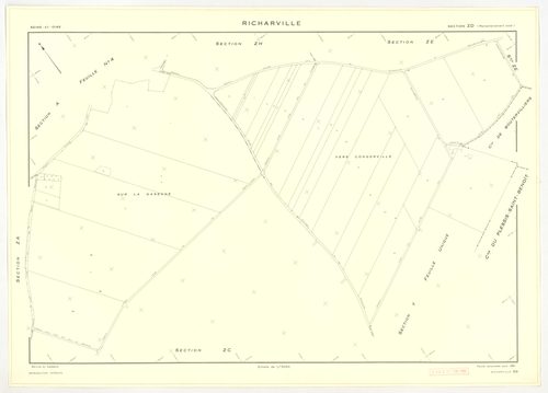 Plans minutes de conservation : RICHARVILLE : tableau d'assemblage, ech. 1/5000 (1932-1962) ; section A4, ech. 1/1250 (1932) ; sections A3, B1, ech. 1/25000 (1932-1952) ; sections A1, A2, B, ech. 1/2500 (1932-1961) ; sections X, Y, Z, ech. 1/2500 (1961) ;