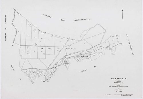 RICHARVILLE, plans minutes de conservation : tableau d'assemblage, 1932, Ech. 1/5000 ; plans des section A1, 1932, Ech. 1/2500, section A4, 1932, Ech. 1/1250, section ZD, 1961, Ech. 1/2000, sections ZI, ZK, ZL, ZM, ZN, ZO, ZP, ZR, 1994, Ech. 1/2000. Polye
