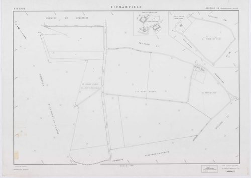 RICHARVILLE, plans minutes de conservation : tableau d'assemblage, 1932, Ech. 1/5000 ; plans des section A1, 1932, Ech. 1/2500, section A4, 1932, Ech. 1/1250, section ZD, 1961, Ech. 1/2000, sections ZI, ZK, ZL, ZM, ZN, ZO, ZP, ZR, 1994, Ech. 1/2000. Polye