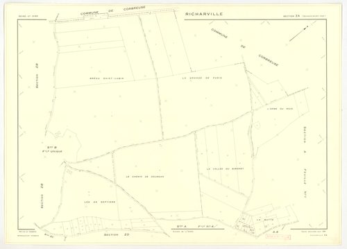 Plans minutes de conservation : RICHARVILLE : tableau d'assemblage, ech. 1/5000 (1932-1962) ; section A4, ech. 1/1250 (1932) ; sections A3, B1, ech. 1/25000 (1932-1952) ; sections A1, A2, B, ech. 1/2500 (1932-1961) ; sections X, Y, Z, ech. 1/2500 (1961) ;