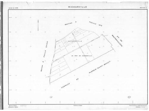 RICHARVILLE. - Cadastre révisé pour 1932 : plan du tableau d'assemblage, plans de la section A le Village 1ère feuille, idem 2ème feuille, idem 3ème feuille, section B le Bréau 1ère feuille, idem 2ème feuille ; cadastre renouvelé pour 1952 : plans de la s