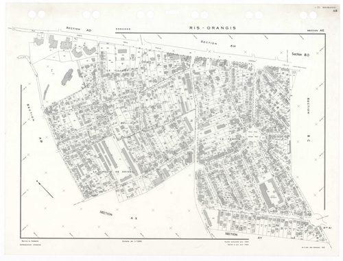 RIS-ORANGIS, plans minutes de conservation : tableau d'assemblage,1954, Ech. 1/5000 ; plans des sections AB, AC, AD, AE, AH, AI, 1954, Ech. 1/1250, sections AM, AN, AO, 1954, Ech. 1/1000, section AP, 1954, Ech. 1/2000, sections AS, AT, AV, AW, AX, AY, AZ,