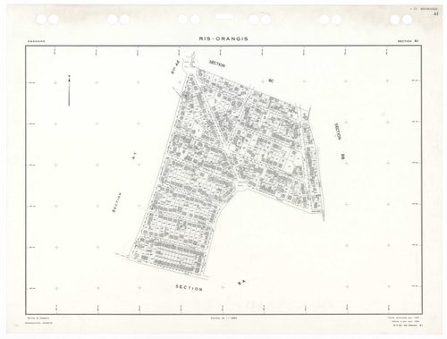 RIS-ORANGIS, plans minutes de conservation : tableau d'assemblage,1954, Ech. 1/5000 ; plans des sections AB, AC, AD, AE, AH, AI, 1954, Ech. 1/1250, sections AM, AN, AO, 1954, Ech. 1/1000, section AP, 1954, Ech. 1/2000, sections AS, AT, AV, AW, AX, AY, AZ,
