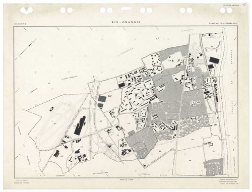 RIS-ORANGIS, plans minutes de conservation : tableau d'assemblage,1954, Ech. 1/5000 ; plans des sections AB, AC, AD, AE, AH, AI, 1954, Ech. 1/1250, sections AM, AN, AO, 1954, Ech. 1/1000, section AP, 1954, Ech. 1/2000, sections AS, AT, AV, AW, AX, AY, AZ,