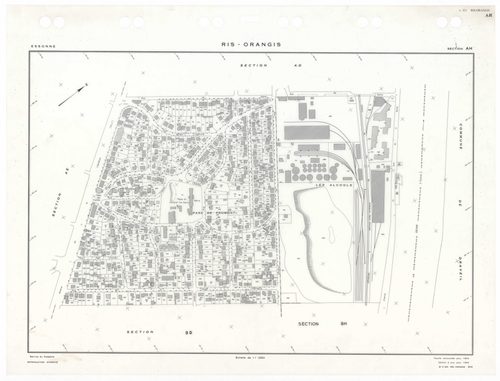 RIS-ORANGIS, plans minutes de conservation : tableau d'assemblage,1954, Ech. 1/5000 ; plans des sections AB, AC, AD, AE, AH, AI, 1954, Ech. 1/1250, sections AM, AN, AO, 1954, Ech. 1/1000, section AP, 1954, Ech. 1/2000, sections AS, AT, AV, AW, AX, AY, AZ,
