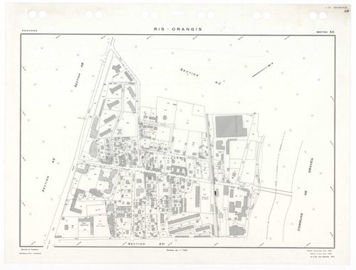 RIS-ORANGIS, plans minutes de conservation : tableau d'assemblage,1954, Ech. 1/5000 ; plans des sections AB, AC, AD, AE, AH, AI, 1954, Ech. 1/1250, sections AM, AN, AO, 1954, Ech. 1/1000, section AP, 1954, Ech. 1/2000, sections AS, AT, AV, AW, AX, AY, AZ,