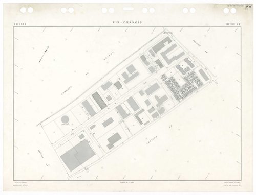 RIS-ORANGIS, plans minutes de conservation : tableau d'assemblage,1954, Ech. 1/5000 ; plans des sections AB, AC, AD, AE, AH, AI, 1954, Ech. 1/1250, sections AM, AN, AO, 1954, Ech. 1/1000, section AP, 1954, Ech. 1/2000, sections AS, AT, AV, AW, AX, AY, AZ,