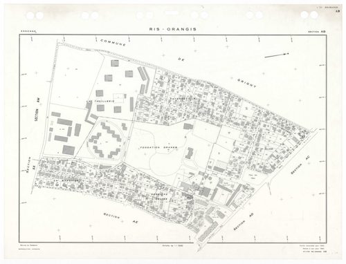RIS-ORANGIS, plans minutes de conservation : tableau d'assemblage,1954, Ech. 1/5000 ; plans des sections AB, AC, AD, AE, AH, AI, 1954, Ech. 1/1250, sections AM, AN, AO, 1954, Ech. 1/1000, section AP, 1954, Ech. 1/2000, sections AS, AT, AV, AW, AX, AY, AZ,