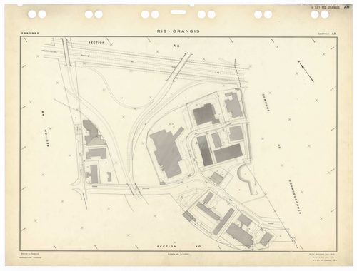 RIS-ORANGIS, plans minutes de conservation : tableau d'assemblage,1954, Ech. 1/5000 ; plans des sections AB, AC, AD, AE, AH, AI, 1954, Ech. 1/1250, sections AM, AN, AO, 1954, Ech. 1/1000, section AP, 1954, Ech. 1/2000, sections AS, AT, AV, AW, AX, AY, AZ,