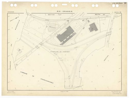 RIS-ORANGIS, plans minutes de conservation : tableau d'assemblage,1954, Ech. 1/5000 ; plans des sections AB, AC, AD, AE, AH, AI, 1954, Ech. 1/1250, sections AM, AN, AO, 1954, Ech. 1/1000, section AP, 1954, Ech. 1/2000, sections AS, AT, AV, AW, AX, AY, AZ,