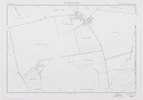 ROINVILLIERS, plans minutes de conservation : tableau d'assemblage, 1998, Ech. 1/5000 ; plans des sections ZB, ZC, ZD, ZE, ZH, ZI, ZK, 1998, Ech. 1/2000. Polyester. N et B. Dim. 105 x 80 cm [8 plans]. 