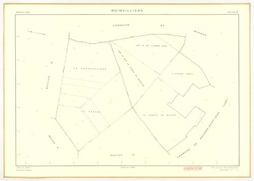 Plans minutes de conservation : ROINVILLIERS : tableau d'assemblage, ech. 1/5000 (1953), sections A, B, C, D, E, F, G, H, ech. 1/2000 (1953), NB, papier, 105x80 [9 plans]. 