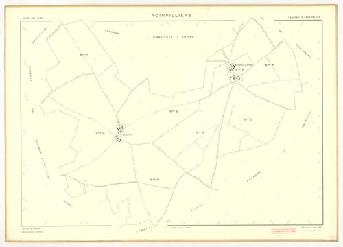 Plans minutes de conservation : ROINVILLIERS : tableau d'assemblage, ech. 1/5000 (1953), sections A, B, C, D, E, F, G, H, ech. 1/2000 (1953), NB, papier, 105x80 [9 plans]. 