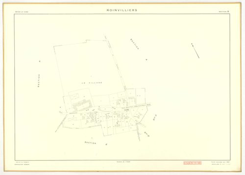 Plans minutes de conservation : ROINVILLIERS : tableau d'assemblage, ech. 1/5000 (1953), sections A, B, C, D, E, F, G, H, ech. 1/2000 (1953), NB, papier, 105x80 [9 plans]. 