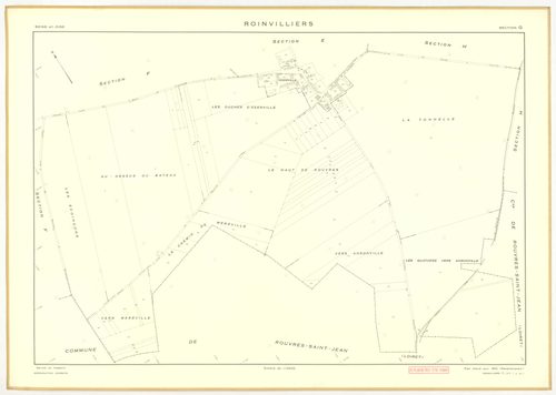 Plans minutes de conservation : ROINVILLIERS : tableau d'assemblage, ech. 1/5000 (1953), sections A, B, C, D, E, F, G, H, ech. 1/2000 (1953), NB, papier, 105x80 [9 plans]. 
