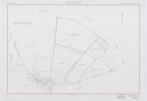 ROINVILLIERS, plans minutes de conservation : tableau d'assemblage, 1998, Ech. 1/5000 ; plans des sections ZB, ZC, ZD, ZE, ZH, ZI, ZK, 1998, Ech. 1/2000. Polyester. N et B. Dim. 105 x 80 cm [8 plans]. 