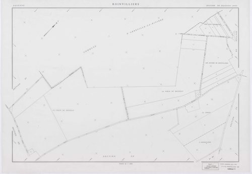 ROINVILLIERS, plans minutes de conservation : tableau d'assemblage, 1998, Ech. 1/5000 ; plans des sections ZB, ZC, ZD, ZE, ZH, ZI, ZK, 1998, Ech. 1/2000. Polyester. N et B. Dim. 105 x 80 cm [8 plans]. 