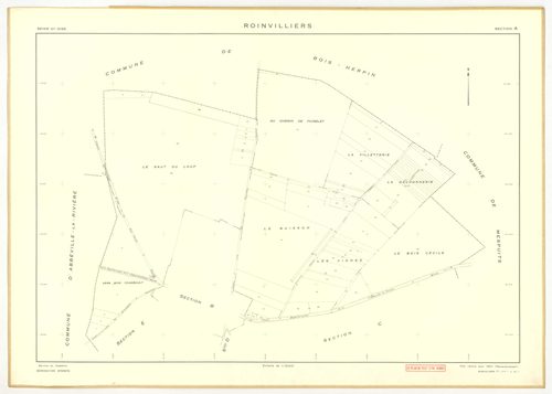 Plans minutes de conservation : ROINVILLIERS : tableau d'assemblage, ech. 1/5000 (1953), sections A, B, C, D, E, F, G, H, ech. 1/2000 (1953), NB, papier, 105x80 [9 plans]. 