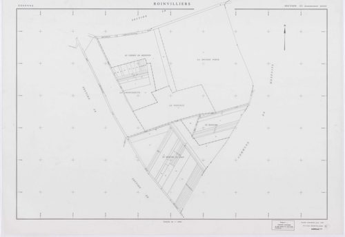 ROINVILLIERS, plans minutes de conservation : tableau d'assemblage, 1998, Ech. 1/5000 ; plans des sections ZB, ZC, ZD, ZE, ZH, ZI, ZK, 1998, Ech. 1/2000. Polyester. N et B. Dim. 105 x 80 cm [8 plans]. 