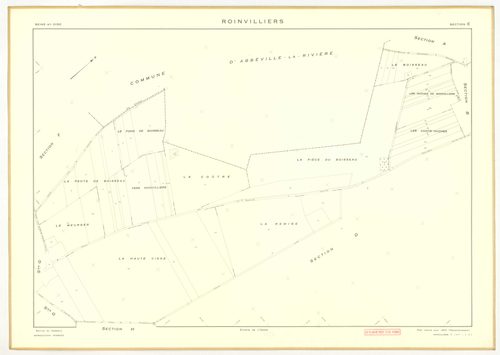Plans minutes de conservation : ROINVILLIERS : tableau d'assemblage, ech. 1/5000 (1953), sections A, B, C, D, E, F, G, H, ech. 1/2000 (1953), NB, papier, 105x80 [9 plans]. 