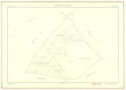 Plans minutes de conservation : ROINVILLIERS : tableau d'assemblage, ech. 1/5000 (1953), sections A, B, C, D, E, F, G, H, ech. 1/2000 (1953), NB, papier, 105x80 [9 plans]. 