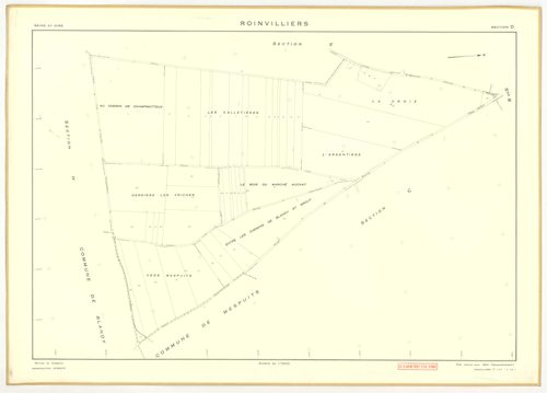 Plans minutes de conservation : ROINVILLIERS : tableau d'assemblage, ech. 1/5000 (1953), sections A, B, C, D, E, F, G, H, ech. 1/2000 (1953), NB, papier, 105x80 [9 plans]. 