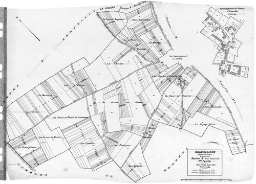 ROINVILLIERS. - Cadastre révisé pour 1934 : plan du tableau d'assemblage, plans de la section A Roinvilliers 1ère feuille, idem 2ème feuille, section B Ezerville 1ère feuille, idem 2ème feuille, [5 plans]. 