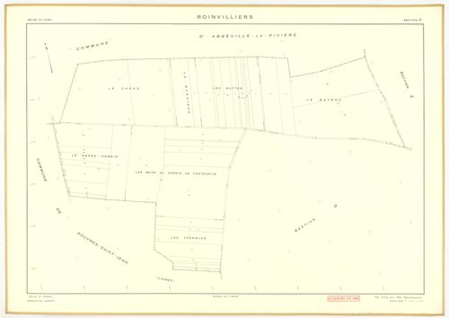 Plans minutes de conservation : ROINVILLIERS : tableau d'assemblage, ech. 1/5000 (1953), sections A, B, C, D, E, F, G, H, ech. 1/2000 (1953), NB, papier, 105x80 [9 plans]. 