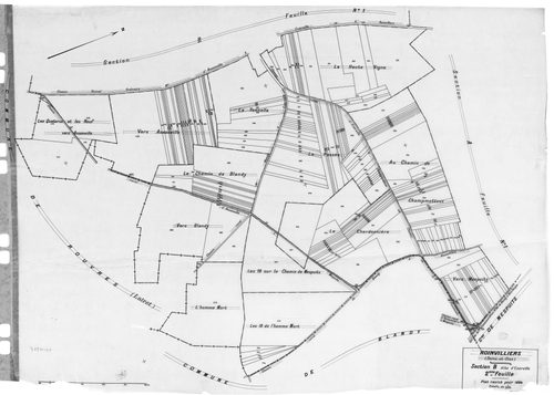 ROINVILLIERS. - Cadastre révisé pour 1934 : plan du tableau d'assemblage, plans de la section A Roinvilliers 1ère feuille, idem 2ème feuille, section B Ezerville 1ère feuille, idem 2ème feuille, [5 plans]. 