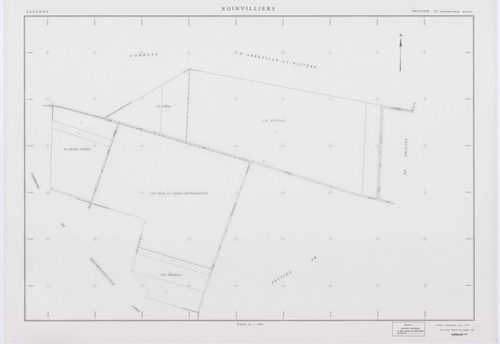 ROINVILLIERS, plans minutes de conservation : tableau d'assemblage, 1998, Ech. 1/5000 ; plans des sections ZB, ZC, ZD, ZE, ZH, ZI, ZK, 1998, Ech. 1/2000. Polyester. N et B. Dim. 105 x 80 cm [8 plans]. 