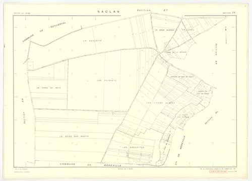 Plans minutes de conservation : SACLAS : tableau d'assemblage, ech. 1/10000 (1961), sections AB, AC, AD, ech. 1/1000 (1961), sections AH, AI, AK, AL, AM, ZO, ZP, ZR, ZS, ZT, ZW, ZX, ZY, ZZ, ech. 1/2000 (1961) ; section AE, ech. 1/1000 (1961-1978), NB, pap