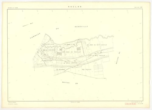 Plans minutes de conservation : SACLAS : tableau d'assemblage, ech. 1/10000 (1961), sections AB, AC, AD, ech. 1/1000 (1961), sections AH, AI, AK, AL, AM, ZO, ZP, ZR, ZS, ZT, ZW, ZX, ZY, ZZ, ech. 1/2000 (1961) ; section AE, ech. 1/1000 (1961-1978), NB, pap
