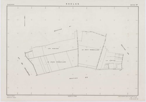 SACLAS, plans minutes de conservation : tableau d'assemblage, 1961, Ech. 1/10000 ; plans des sections AB, AC, AD, AE, 1961, Ech. 1/1000, sections AH, AI, AK, AL, AM, ZO, ZP, ZR, ZS, ZT, ZW, ZX, ZY, ZZ, 1961, Ech. 1/2000. Polyester. N et B. Dim. 105 x 80 c