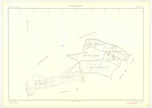 Plans minutes de conservation : SACLAS : tableau d'assemblage, ech. 1/10000 (1961), sections AB, AC, AD, ech. 1/1000 (1961), sections AH, AI, AK, AL, AM, ZO, ZP, ZR, ZS, ZT, ZW, ZX, ZY, ZZ, ech. 1/2000 (1961) ; section AE, ech. 1/1000 (1961-1978), NB, pap