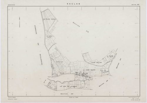 SACLAS, plans minutes de conservation : tableau d'assemblage, 1961, Ech. 1/10000 ; plans des sections AB, AC, AD, AE, 1961, Ech. 1/1000, sections AH, AI, AK, AL, AM, ZO, ZP, ZR, ZS, ZT, ZW, ZX, ZY, ZZ, 1961, Ech. 1/2000. Polyester. N et B. Dim. 105 x 80 c