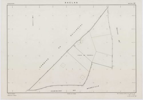 SACLAS, plans minutes de conservation : tableau d'assemblage, 1961, Ech. 1/10000 ; plans des sections AB, AC, AD, AE, 1961, Ech. 1/1000, sections AH, AI, AK, AL, AM, ZO, ZP, ZR, ZS, ZT, ZW, ZX, ZY, ZZ, 1961, Ech. 1/2000. Polyester. N et B. Dim. 105 x 80 c