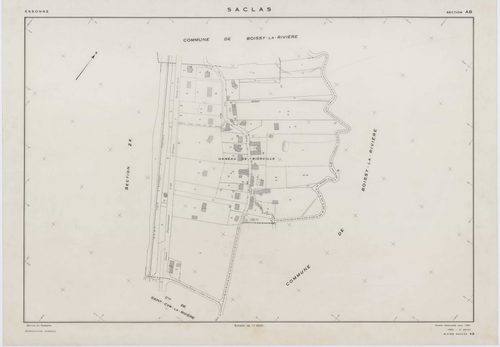 SACLAS, plans minutes de conservation : tableau d'assemblage, 1961, Ech. 1/10000 ; plans des sections AB, AC, AD, AE, 1961, Ech. 1/1000, sections AH, AI, AK, AL, AM, ZO, ZP, ZR, ZS, ZT, ZW, ZX, ZY, ZZ, 1961, Ech. 1/2000. Polyester. N et B. Dim. 105 x 80 c