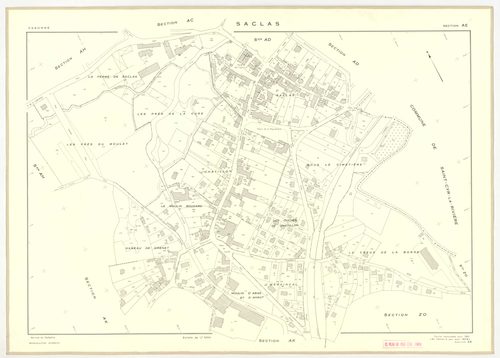 Plans minutes de conservation : SACLAS : tableau d'assemblage, ech. 1/10000 (1961), sections AB, AC, AD, ech. 1/1000 (1961), sections AH, AI, AK, AL, AM, ZO, ZP, ZR, ZS, ZT, ZW, ZX, ZY, ZZ, ech. 1/2000 (1961) ; section AE, ech. 1/1000 (1961-1978), NB, pap