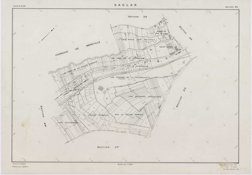 SACLAS, plans minutes de conservation : tableau d'assemblage, 1961, Ech. 1/10000 ; plans des sections AB, AC, AD, AE, 1961, Ech. 1/1000, sections AH, AI, AK, AL, AM, ZO, ZP, ZR, ZS, ZT, ZW, ZX, ZY, ZZ, 1961, Ech. 1/2000. Polyester. N et B. Dim. 105 x 80 c