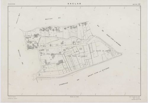 SACLAS, plans minutes de conservation : tableau d'assemblage, 1961, Ech. 1/10000 ; plans des sections AB, AC, AD, AE, 1961, Ech. 1/1000, sections AH, AI, AK, AL, AM, ZO, ZP, ZR, ZS, ZT, ZW, ZX, ZY, ZZ, 1961, Ech. 1/2000. Polyester. N et B. Dim. 105 x 80 c