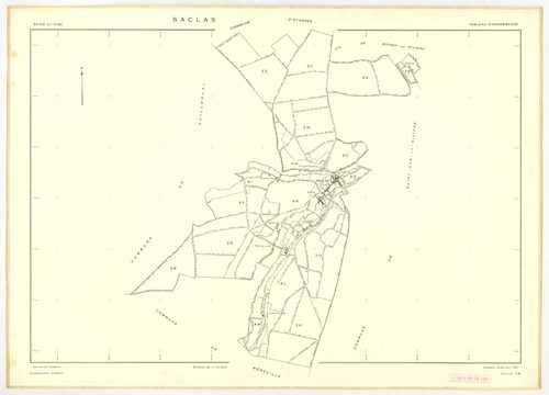 Plans minutes de conservation : SACLAS : tableau d'assemblage, ech. 1/10000 (1961), sections AB, AC, AD, ech. 1/1000 (1961), sections AH, AI, AK, AL, AM, ZO, ZP, ZR, ZS, ZT, ZW, ZX, ZY, ZZ, ech. 1/2000 (1961) ; section AE, ech. 1/1000 (1961-1978), NB, pap